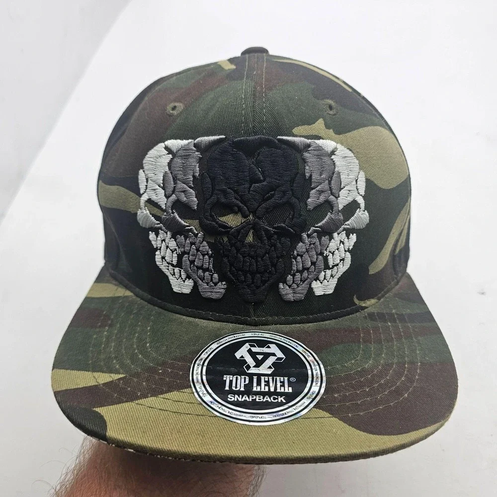 Top Level Hat Cap Snap Back Mens One Size Green Camo Skull Graphic Army Twill